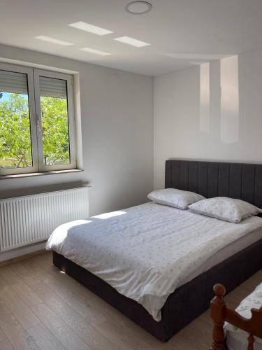 a bedroom with a large bed and two windows at Elbas Apartman in Široki Brijeg