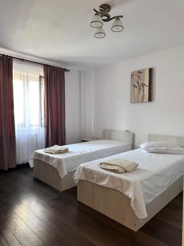 a bedroom with two beds and a ceiling fan at Casa Noel in Târgu Ocna