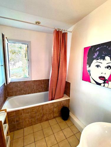 a bathroom with a tub and a picture of a woman at Résidence le safran in Erdeven