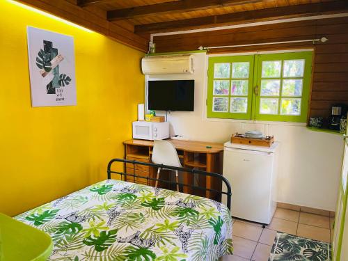 a bedroom with a bed and a desk and a television at Chambre indépendante in Basse-Terre