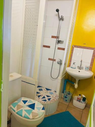a bathroom with a shower and a toilet and a sink at Chambre indépendante in Basse-Terre