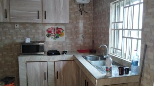 a kitchen with a sink and a microwave at Modern Way Guesthouse in Kasoa