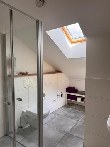 a bathroom with a toilet and a skylight at Ferienhof Vielstedt in Schürenbusch