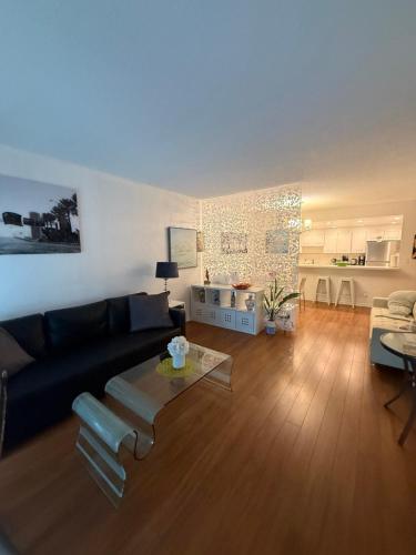 a living room with a black couch and a table at Apartments TVG Miami by the ocean ! in Miami Beach