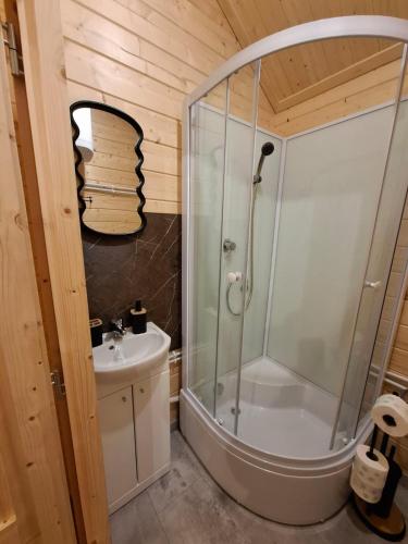 a bathroom with a shower and a sink at Chata Zbója - Sidzina in Sidzina