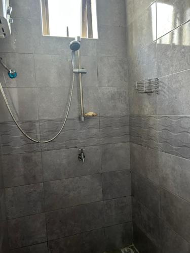 a shower with a hose in a bathroom at The cozy nest in Curepipe