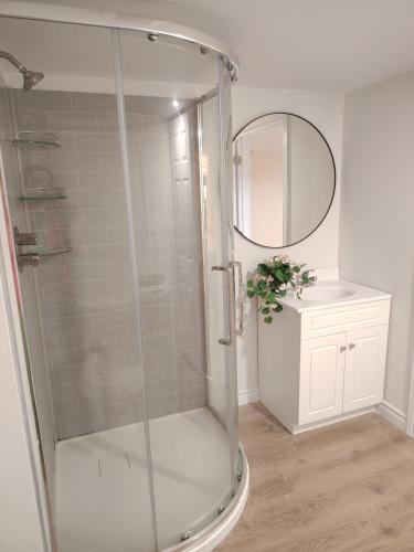 a bathroom with a shower with a mirror and a sink at Bright Ensuite Room with 2 Queen Beds-3A in Halifax