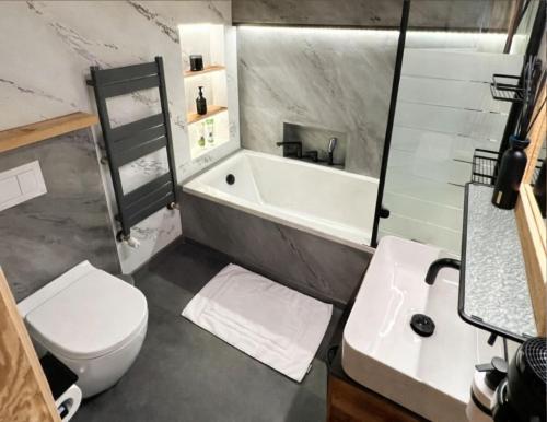 a bathroom with a tub and a toilet and a sink at Chalet-Kitzalpen in Hollersbach im Pinzgau