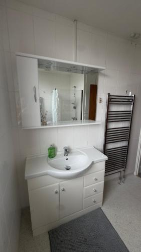 a bathroom with a white sink and a mirror at King Room sheared house in Bristol