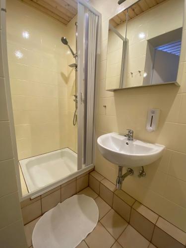 a bathroom with a sink and a shower and a toilet at Pension Julia in Feld am See