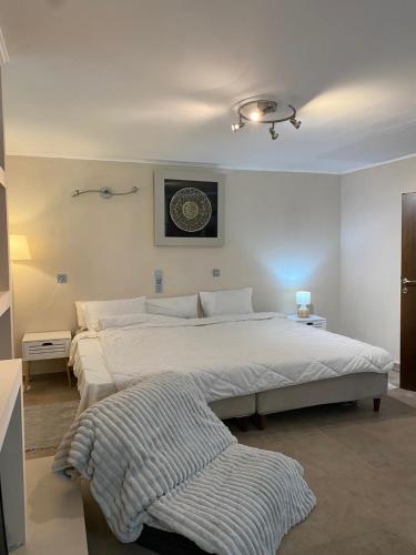 a bedroom with a large bed with a blanket on it at Wave Rider Villa in Kouvéla