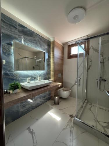 a bathroom with a sink and a shower at Panoramic suite in Kastoria
