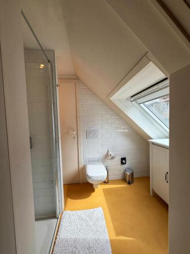 a bathroom with a toilet in an attic at Clemanbruges in Bruges