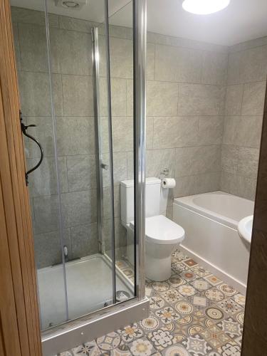 a bathroom with a toilet and a glass shower at Brookside in Langthwaite