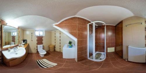 a bathroom with a shower and a toilet and a sink at Socrates Holidays Apt 3 with Pool near the Beach in Kamisianá