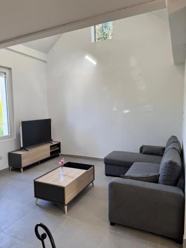 a living room with a couch and a coffee table at sologne detente in Souesmes