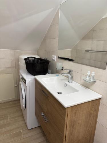 a bathroom with a sink and a washing machine at Casa Vacanze Nicol in Licata