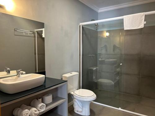 a bathroom with a toilet and a sink and a shower at pousada das manas in Torres
