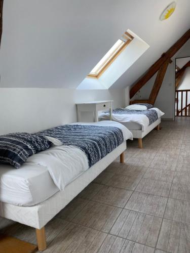 two beds in a room with a attic at La Grange de Flavigny in Flavigny