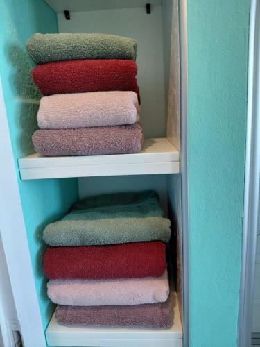 a bunch of towels are arranged in a closet at Ferienwohnung Twete in Detmold