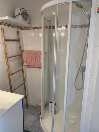 a shower with a glass door in a bathroom at Waterfront studio with small garden, pool, parking in Guidel