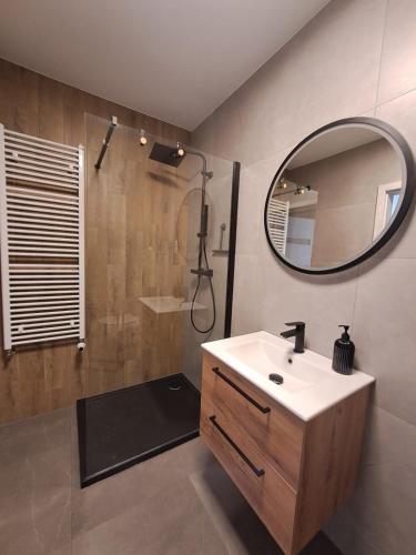 a bathroom with a sink and a mirror at E&M-Plażowa in Międzywodzie