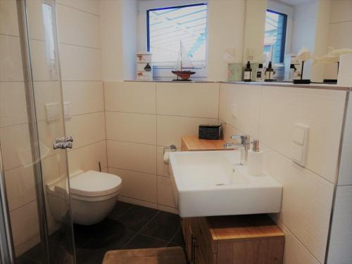 a bathroom with a sink and a toilet at FEWO-Boddenblick-Vilm in Lauterbach