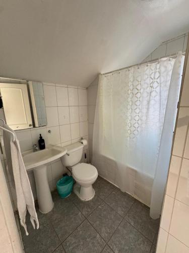 a bathroom with a toilet and a sink and a shower at Cabañas del Puerto in Puerto Montt