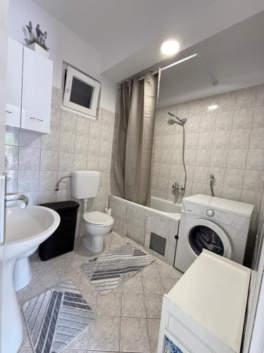 a bathroom with a washing machine and a sink at Mediterranean Olive WaterfallsKRKA-Croatia in Gulin