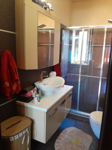 a bathroom with a sink and a shower at Mulberry Tree in Agia Anna