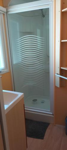 a shower with a glass door in a bathroom at Camping Fontisson in Châteauneuf-de-Gadagne