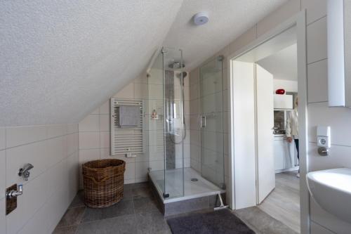 a bathroom with a shower and a sink at Kerstins Lieblingsdomizil in Oelsnitz