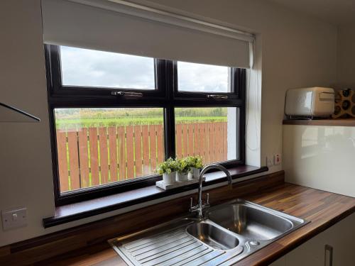 a kitchen with a sink and a window with flowers at Marions Place in Finvoy