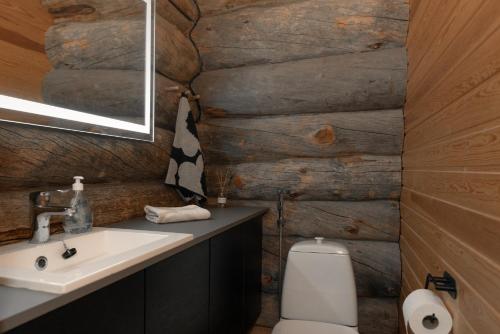 a bathroom with a sink and a toilet and wooden walls at Villa Poronperä in Kuusamo