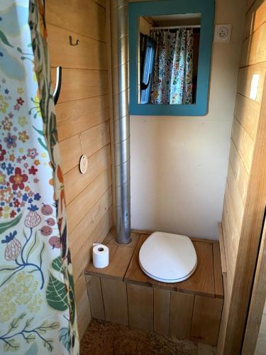 a small bathroom with a toilet with a roll of toilet paper at La tiny house Low Tech in Cléder