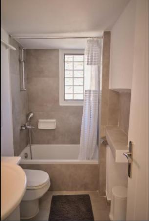 a bathroom with a toilet and a tub and a window at Trifillianika Traditional House in Trifilliánika