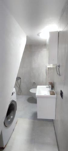 a white bathroom with a sink and a washing machine at Begonvil Evleri Karaburun in Karaburun
