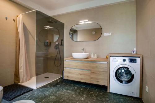 a bathroom with a washing machine and a sink at Apartment La Lita Panoramic Sea View Parking Self Checkin in Šmarje