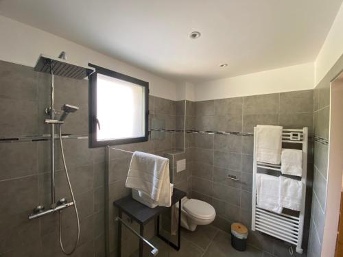 a bathroom with a shower and a toilet and a window at Alata Appartement T3 in Alata