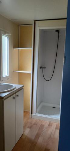 a bathroom with a shower and a sink at camping sous le moulin in Condes