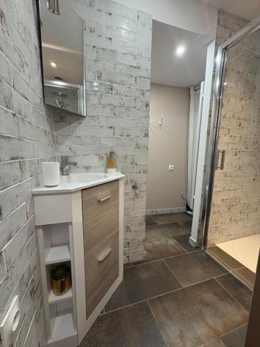 a bathroom with a sink and a brick wall at Studio Cosy avec Cour Privée in Fleury