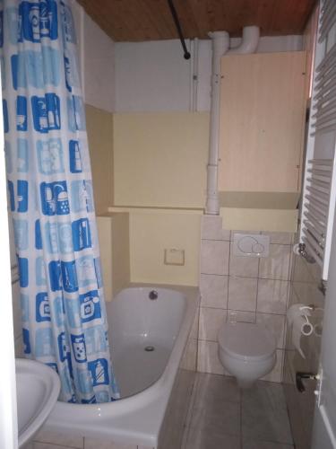 ein Badezimmer mit Badewanne, Toilette und Waschbecken in der Unterkunft Chambre D in Biel
