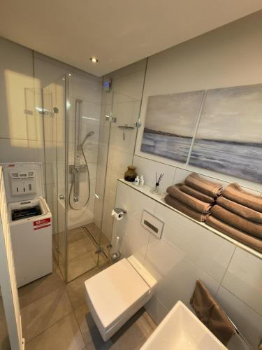 a bathroom with a shower and a toilet and a sink at Moderne Wohnung - ULM Stadtmitte in Ulm