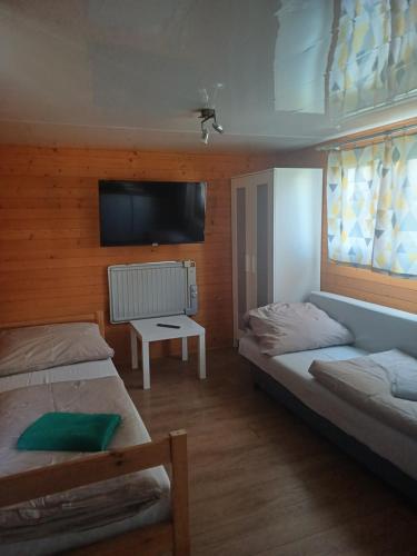a bedroom with two beds and a flat screen tv at Agroturystyka Kameralna93 in Ochaby