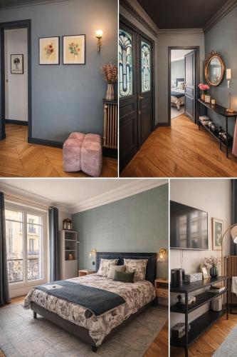four different pictures of a bedroom with a bed at Maison Luxembourg - Chambre privée in Paris
