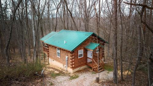a log cabin with a green roof in the woods at Jack Pine Hollow in Logan