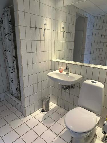 a bathroom with a toilet and a sink at Panoramaudsigt og swimmingpool midt i Ebeltoft in Ebeltoft