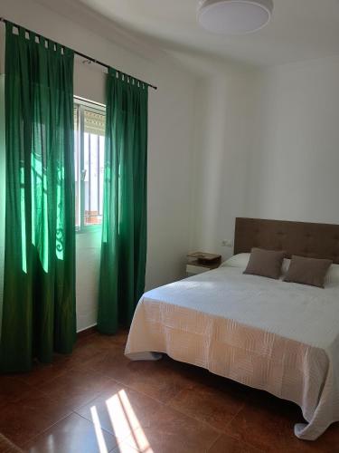 a bedroom with a large bed with green curtains at Casa Feria in Algodonales