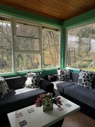 a living room with couches and a table and windows at Fruškogorska bajka in Velika Remeta
