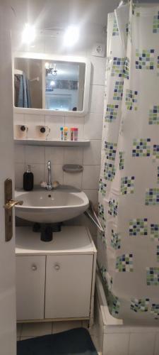 a bathroom with a sink and a shower curtain at Adikati Lak in Bük
